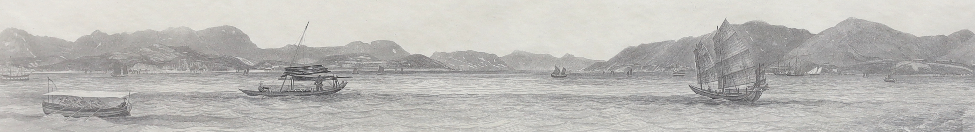 Lieutenant Leopold G. Heath for the Hydrographic Office, Hong Kong as seen from the anchorage of HMS Iris, 1846, set of three steel engravings, visible sheet 22 x 79cm